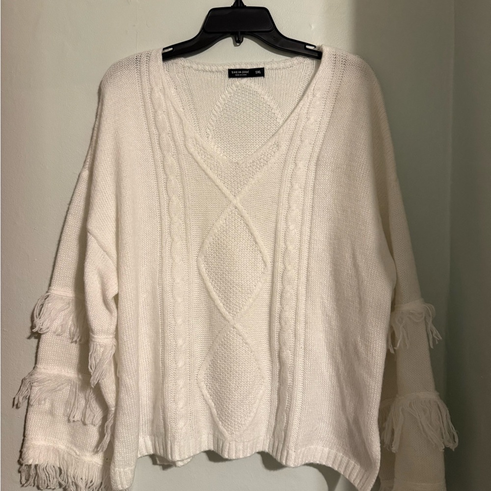 SHEIN Cream V-Neck Sweater with Fringe
